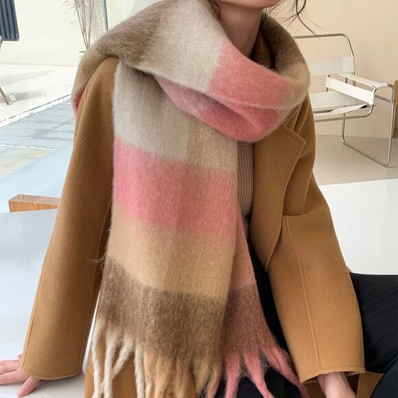 2/$30 Plaid Blanket Scarf Shawl Warm Soft Winter Fall Fringe Wrap Pink Beige - Picture 4 of 4